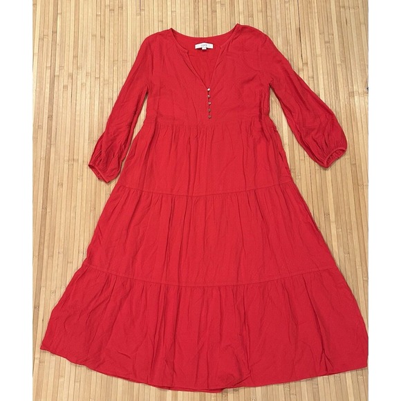 Loft Women Oversized Sz M Red Maxi Dress Tiered Textured Long Sleeve V Neck - Picture 4 of 8
